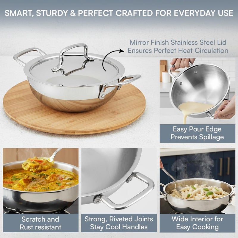 Kraft Futuretec Triply Stainless Steel Kadai with Lid – 1.5 Litre (20 cm), 2.5 mm Thick Extra Deep Kadai | Family Meals and Daily Cooking | Induction & Gas Compatible - Image 4