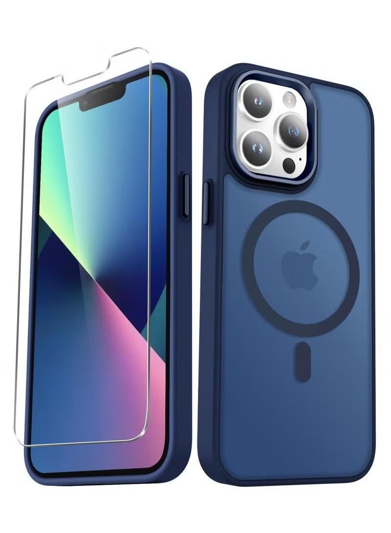 TIGER iPhone 13 Pro Max Case – Matte Translucent Magnetic Phone Cover with Built-in MagSafe Ring | Includes 1 Tempered Glass Screen Protector | Slim Shockproof Frosted Design with Anti-Scratch Soft Edges | Full Body Protection – Navy Blue – 6.7 Inch - Image 1