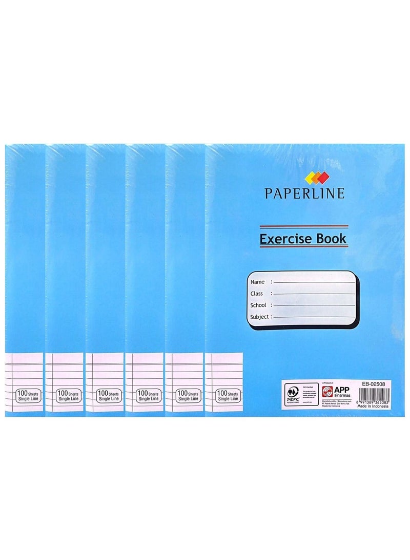 paperline دفتر تمارين مكون من 6 قطع بسطر واحد، 100 ورقة، ألوان متنوعة - Image 1