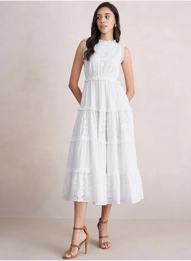 Femmella Cotton Schiffli Sleeveless Tiered Maxi Dress by Styli