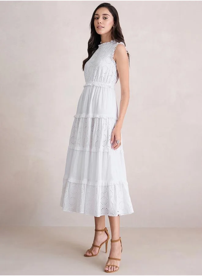 Femmella Cotton Schiffli Sleeveless Tiered Maxi Dress by Styli