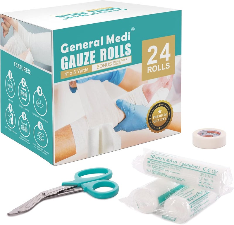 General Medi Conforming Bandage 4 x 5 Yards Stretched 24Pack Gauze Bandage Rolls with Bonus Tape Scissors First Aid Supplies NonSterile - Image 1