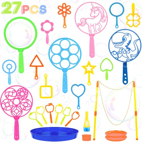 REZUCREY 27 Pcs Big Bubble Wands Toys Set Giant Bubble Wands with Tray for Kids Summer Outdoor Toys Bubbles Party Favors Bubbles Maker Bulk for Kids Toddlers Boys Girls Age 3 4 5 6 7 8 - Image 1
