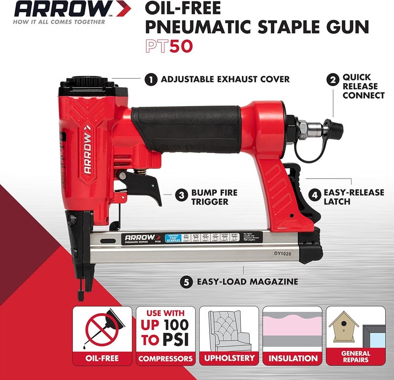 Arrow Fastener Arrow PT50 Oil-Free Pneumatic Staple Gun, Professional Heavy-Duty Stapler for Wood, Upholstery, Carpet, Wire Fencing, Fits 1/4”, 5/16”, 3/8", 1/2", 9/16” Staples , Red - Image 2