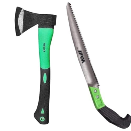 WULF Combo Pack – 12 Inch Pruning Saw & 600g Hand Axe | Fiberglass Rubberized Handle Wood Cutting Axe (Kulhadi) | Sharp Carbon Steel Blade | Ideal Gardening Tool for Tree, Wood & Grass Cutting - Image 1