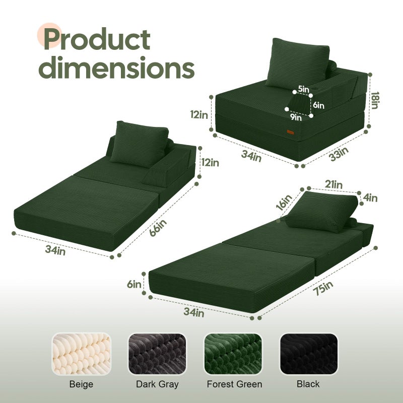 COMAX Folding Sofa Bed, Foldable Couch for Bedroom, Corduroy Convertible Floor Sleeper Futon Chair Foam, 3 in 1 Fold Out Chair Portable Comfy Lounge Couch Single Sofa Bed for Small Space Guest Room - Image 5