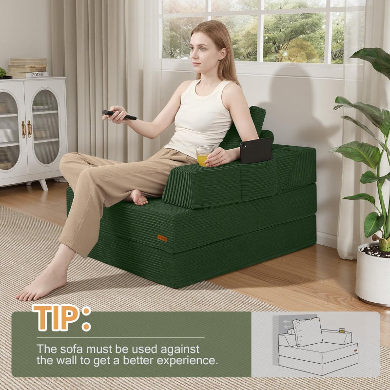 COMAX Folding Sofa Bed, Foldable Couch for Bedroom, Corduroy Convertible Floor Sleeper Futon Chair Foam, 3 in 1 Fold Out Chair Portable Comfy Lounge Couch Single Sofa Bed for Small Space Guest Room - Image 2