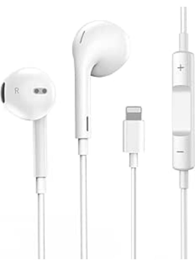 Wired in-ear headphones with built-in microphone and Lightning volume control; stereo headphones compatible with iPhone 8, 7, 11, 12, and 13 Pro Max - and all iOS systems