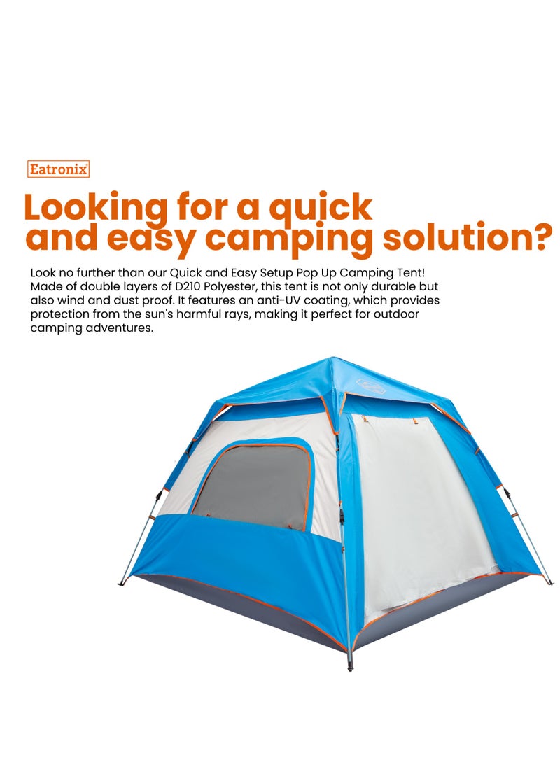 Eatronix - Easy Setup Pop Up Camping Tent-Double Layered D210 Polyester with Anti-UV Coating, Dust and Wind Proof, 240L x 240W x 155H cm, 4.5kg, Water-Proof, Automatic - Image 1