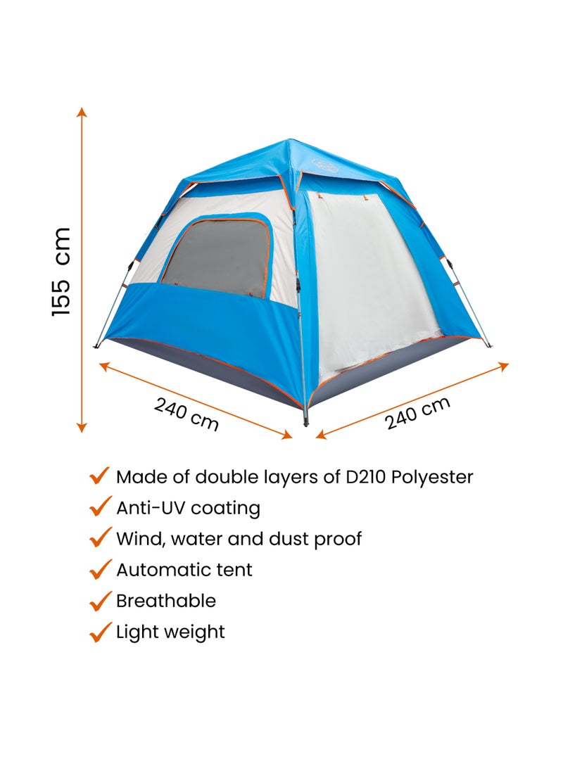 Eatronix - Easy Setup Pop Up Camping Tent-Double Layered D210 Polyester with Anti-UV Coating, Dust and Wind Proof, 240L x 240W x 155H cm, 4.5kg, Water-Proof, Automatic - Image 1