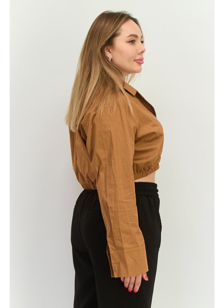 PUBLIC DESIRE Women Notched Neck Long Sleeve Solid Blouse, Brown  - Image 4