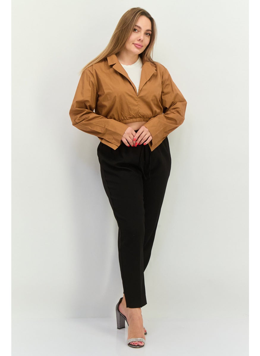 PUBLIC DESIRE Women Notched Neck Long Sleeve Solid Blouse, Brown  - Image 3
