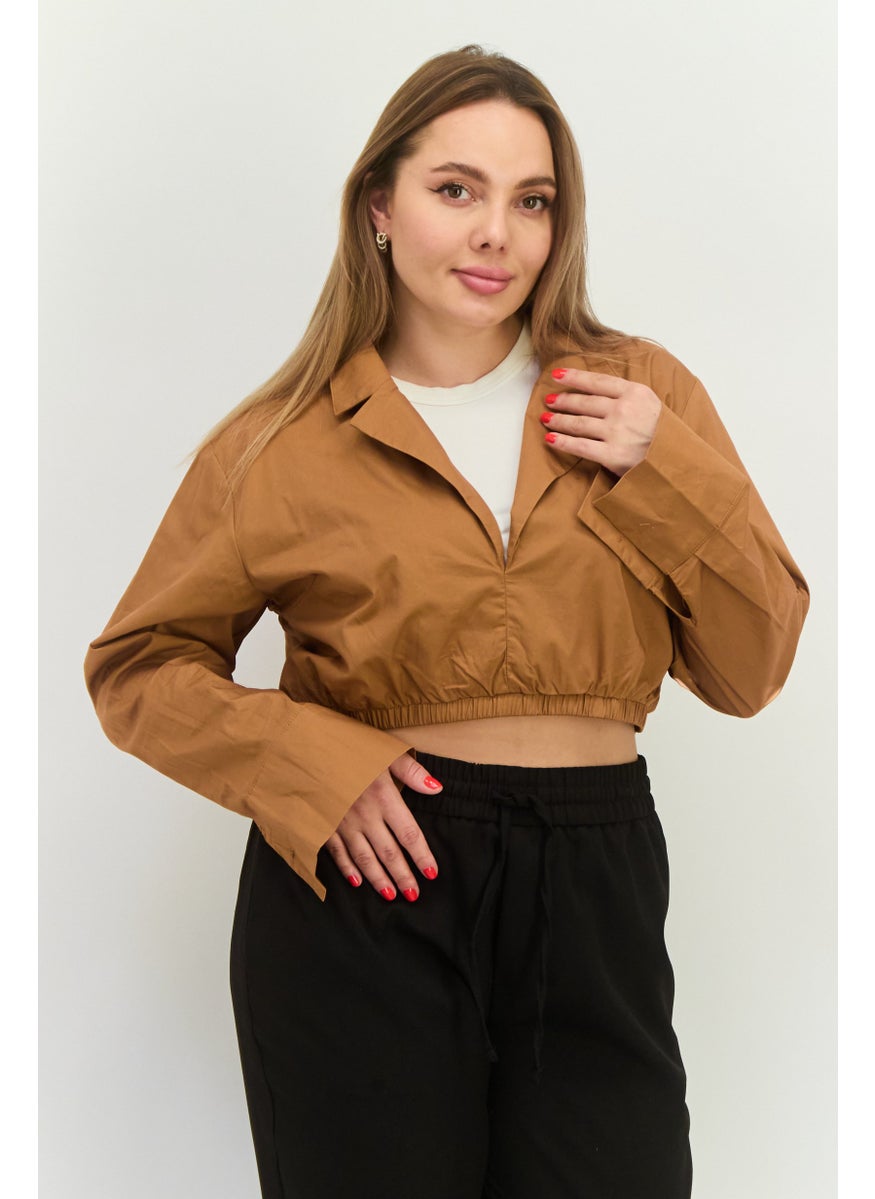 PUBLIC DESIRE Women Notched Neck Long Sleeve Solid Blouse, Brown  - Image 1