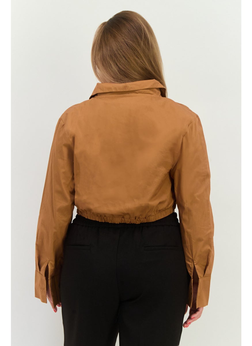 PUBLIC DESIRE Women Notched Neck Long Sleeve Solid Blouse, Brown  - Image 2