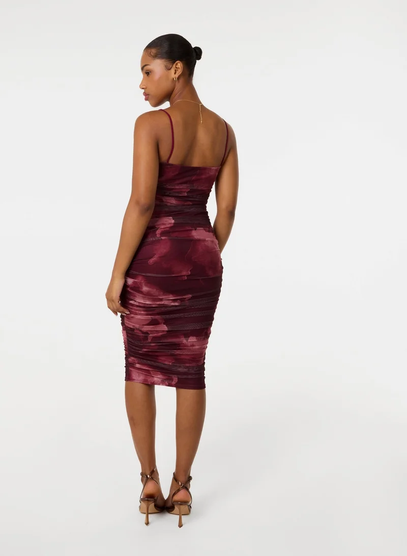 Pink Vanilla Smoke Print Ruched Midi Dress