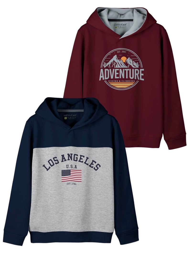 HELLCAT Printed Cotton Blend Hoodie Sweatshirt for Boys - Pack of 2 Navy Blue/Burgundy 5-6 Years - Image 1