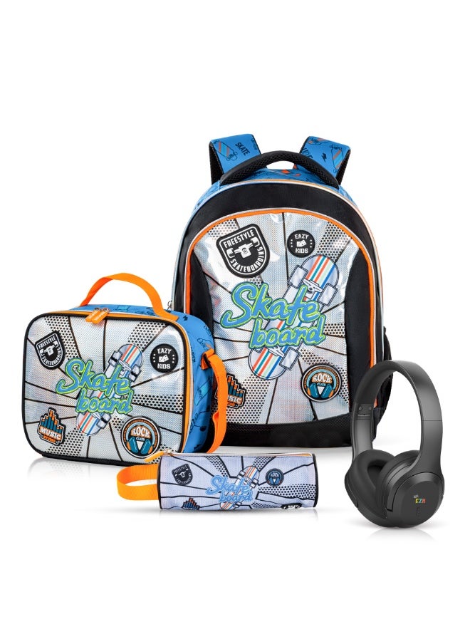 Eazy Kids Eazy Kids 17" Set of 4 Backpack w/ BT Headset, Lunch Bag and Pencil Case - Skate Board  - Image 1