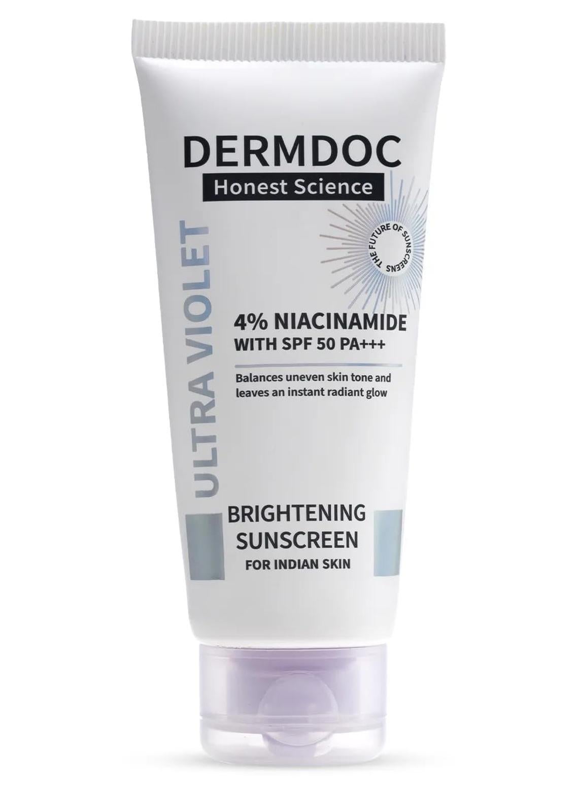 DERMDOC 4 Niacinamide Brightening Sunscreen with SPF 50 Sun Protection 50 gm Sunblock Sunscreen for Oily Skin PA UV Protection Shine Free Formula