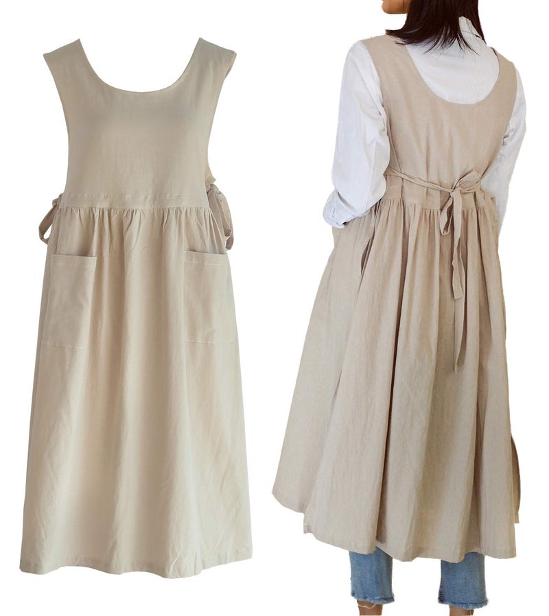 losofar Women Plus Size Cotton Linen Vintage Pleated Split Apron Pinafore Dress with Two Pockets (beige, 43.4" L) - Image 1
