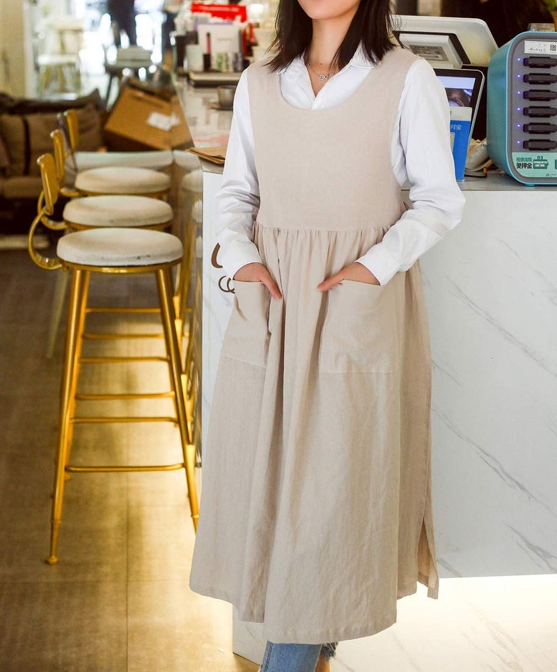 losofar Women Plus Size Cotton Linen Vintage Pleated Split Apron Pinafore Dress with Two Pockets (beige, 43.4" L) - Image 3