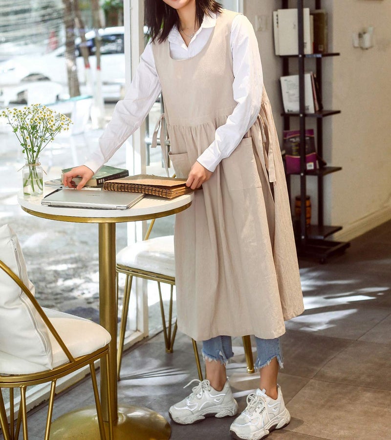 losofar Women Plus Size Cotton Linen Vintage Pleated Split Apron Pinafore Dress with Two Pockets (beige, 43.4" L) - Image 4