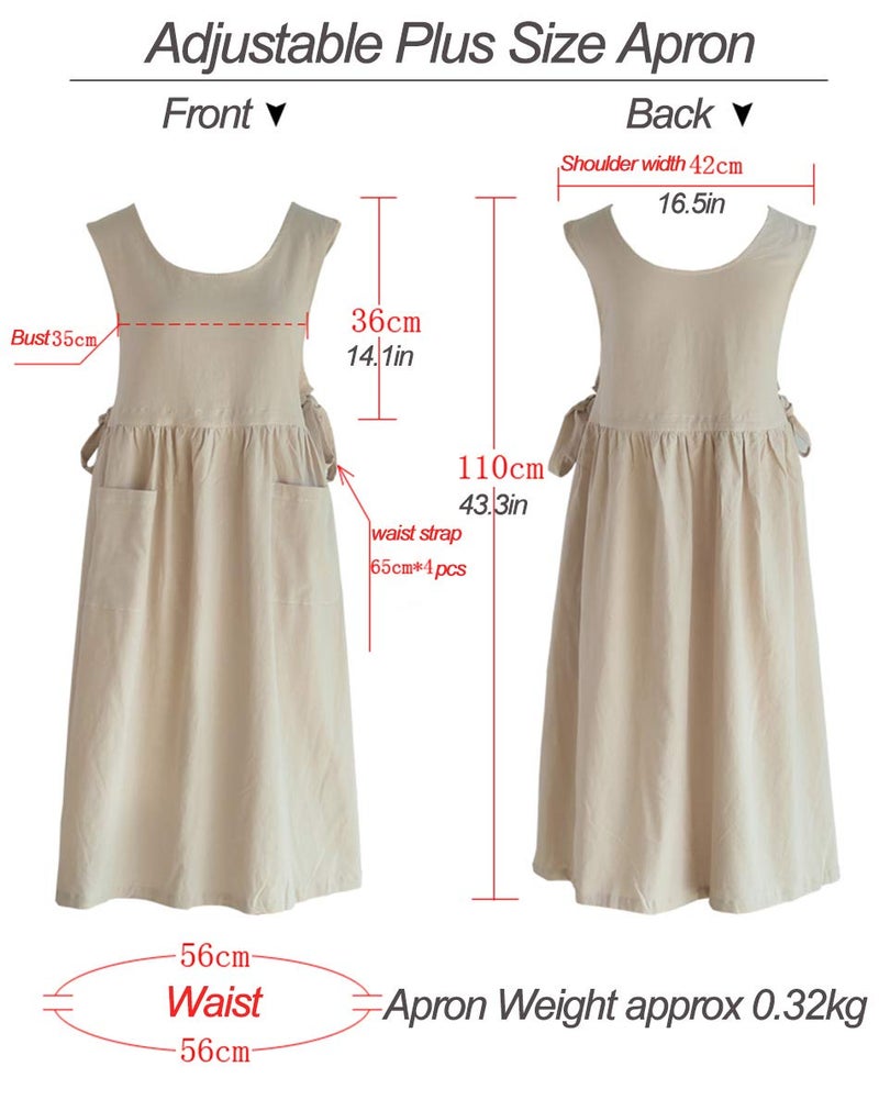 losofar Women Plus Size Cotton Linen Vintage Pleated Split Apron Pinafore Dress with Two Pockets (beige, 43.4" L) - Image 5
