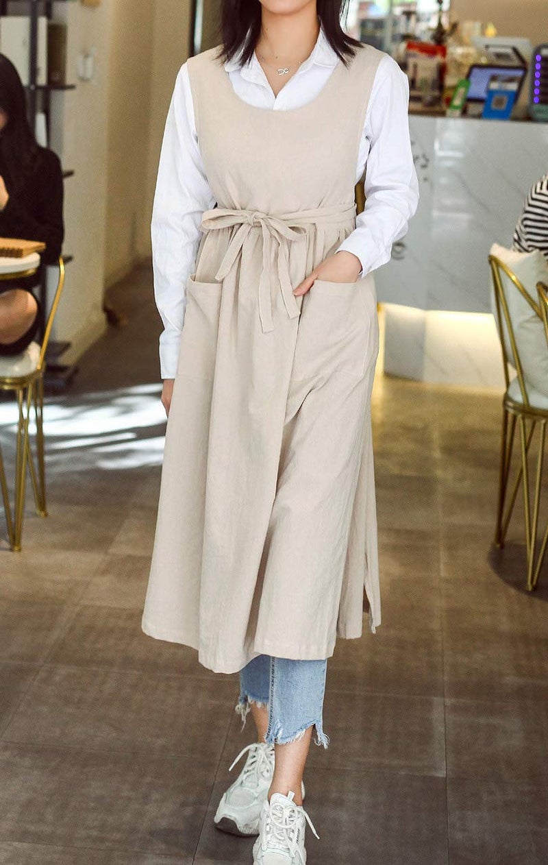 losofar Women Plus Size Cotton Linen Vintage Pleated Split Apron Pinafore Dress with Two Pockets (beige, 43.4" L) - Image 2