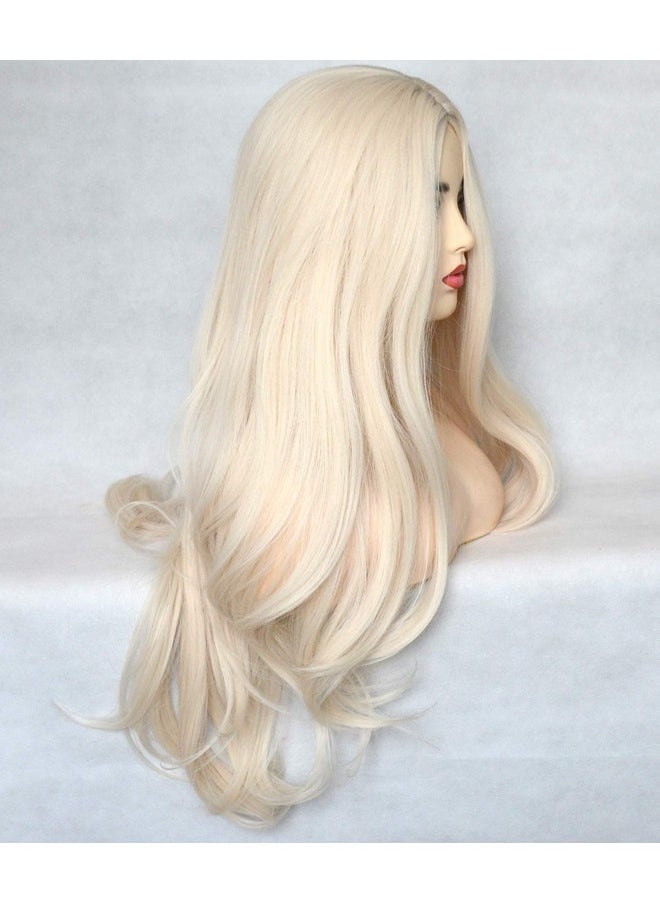 BLUPLE - Platinum Blonde 60 Synthetic Wig Long Natural Wavy Heat Resistant Synthetic Hair Replacement Full Wigs Middle Part For Women 22 Inch (No Lace Wig) - Image 1