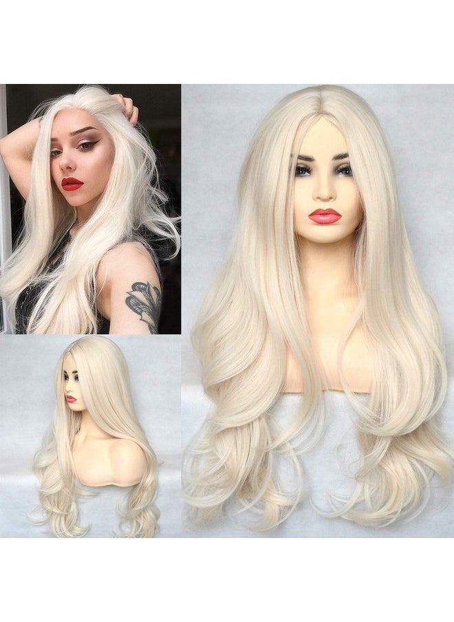 BLUPLE - Platinum Blonde 60 Synthetic Wig Long Natural Wavy Heat Resistant Synthetic Hair Replacement Full Wigs Middle Part For Women 22 Inch (No Lace Wig) - Image 1