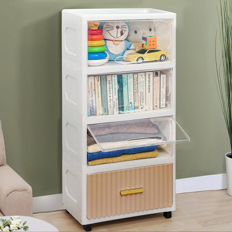 ABOUT SPACE Cabinet for Storage 4 Tier DIY Cupboard with Hidden Door Drawer Roller Wheels Kids Wardrobe for Clothes Storage Racks for Home Office BedroomL 49 x B 297 x H 1065 cm