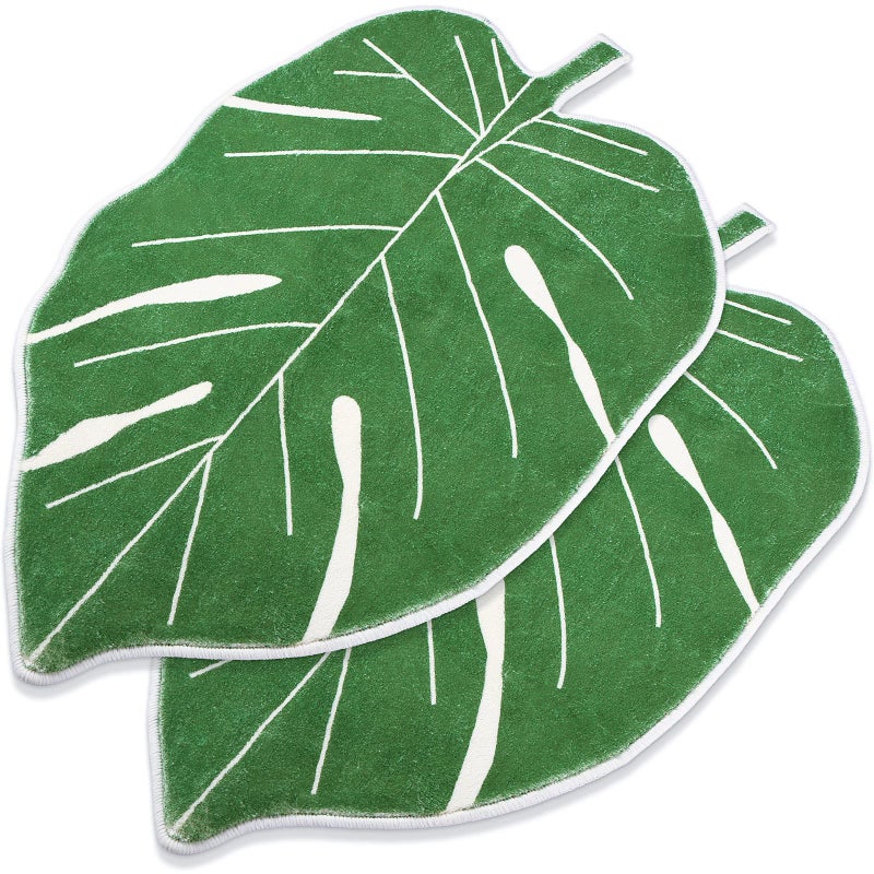 Coume 2 Pcs Green Leaf Mat Large Monstera Palm Leaf Bath Mat 236 x 354 Inch Bathroom Rug Nonslip Machine Washable Door Carpet Leaf Shape Area Rugs for Shower Floor Bathroom BedroomKids Room