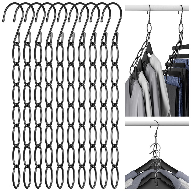 NiHome Clothing Chain Hangers 10-Pack for Home, Office & Travel, Metal Closet Organizer Space Saving Hangers with Safety Cap for All Garment Types, Wrinkle-Reducing 7-Loop Retractable Design (Black) - Image 1