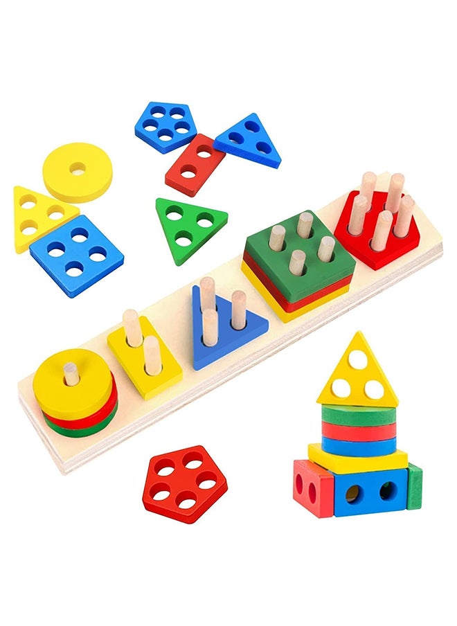 SKY-TOUCH - SKY-TOUCH Wooden Sorting & Stacking Toys, Shape Color Recognition Geometric Blocks Matching Puzzle with Lacing String, Educational Preschool Learning Board Game Gift for Babies - Image 1