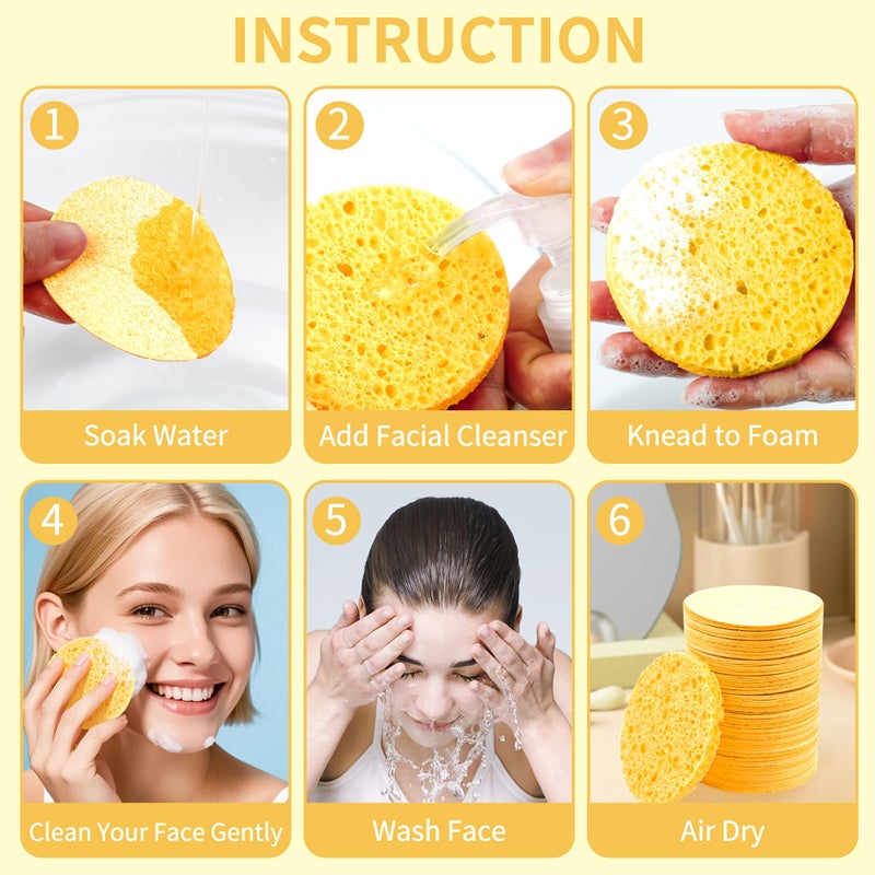 derloyo 100-Count Compressed Facial Sponges, Natural Cosmetic Spa Sponges for Facial Cleansing, Exfoliating Mask, Makeup Remover, Travel Face Sponges - Yellow - Image 4
