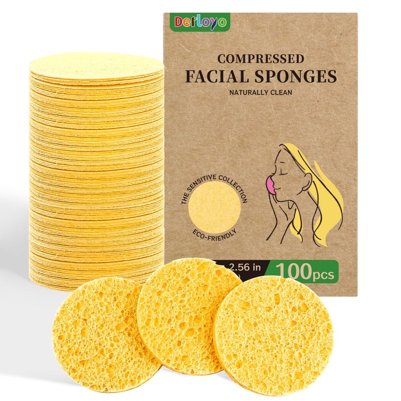 derloyo 100-Count Compressed Facial Sponges, Natural Cosmetic Spa Sponges for Facial Cleansing, Exfoliating Mask, Makeup Remover, Travel Face Sponges - Yellow - Image 1