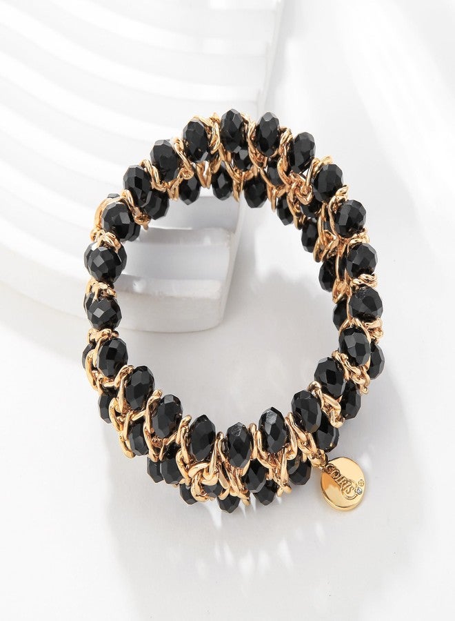 Coiris Glass Bead Crystal Wrap Bangle Bracelet with Alloy Elastic Cord Gifts for Women(BR-1228-Black) - Image 2