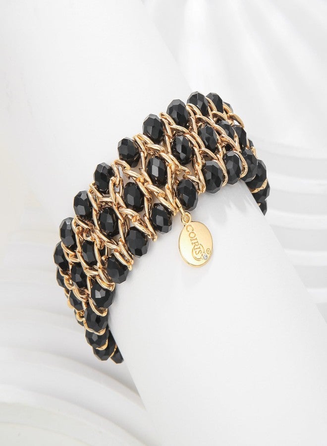 Coiris Glass Bead Crystal Wrap Bangle Bracelet with Alloy Elastic Cord Gifts for Women(BR-1228-Black) - Image 3