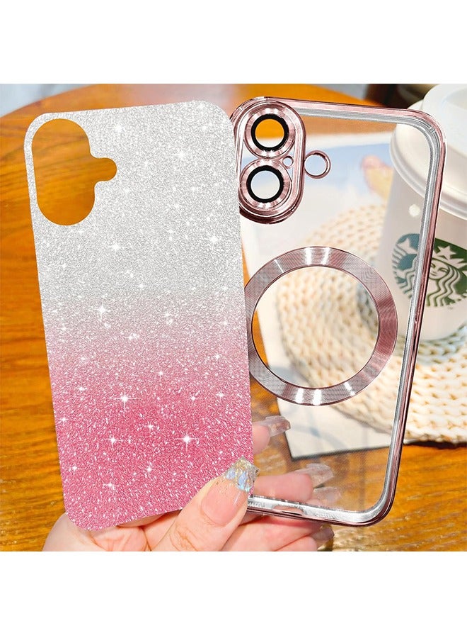 for iPhone 16 Case Clear Magnetic Glitter Phone Cases Compatible with MagSafe Full Camera Lens Protector Slim Gradient Sparkle Luxury Plating Shockproof Protective Cover Women Girls, Pink  - Image 2
