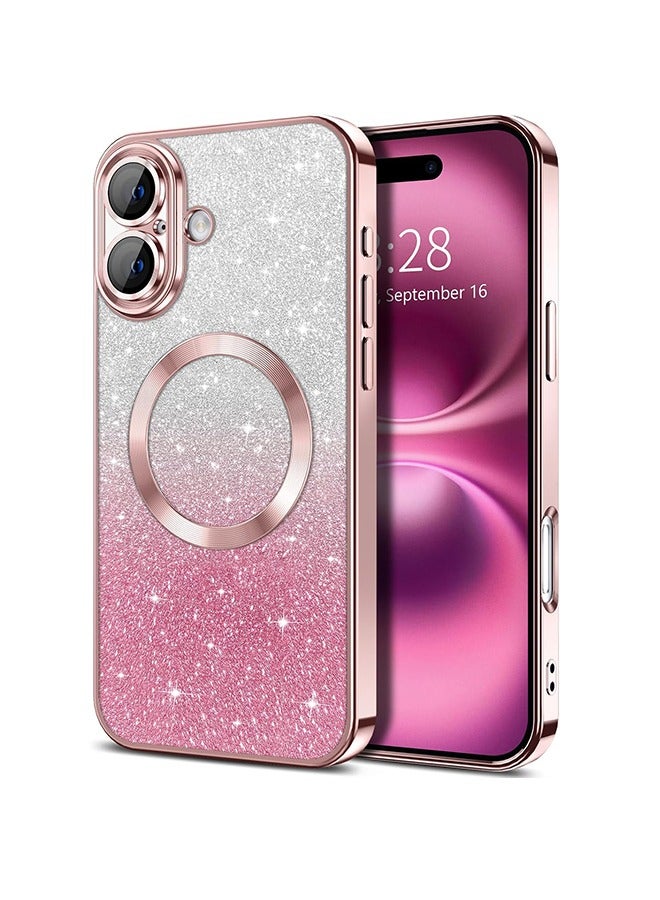 for iPhone 16 Case Clear Magnetic Glitter Phone Cases Compatible with MagSafe Full Camera Lens Protector Slim Gradient Sparkle Luxury Plating Shockproof Protective Cover Women Girls, Pink  - Image 1