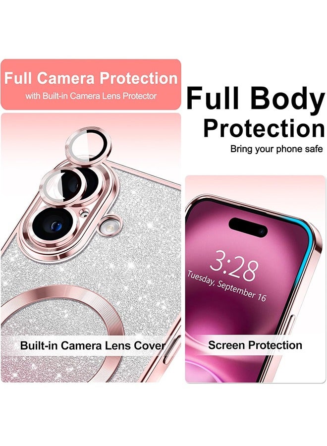 for iPhone 16 Case Clear Magnetic Glitter Phone Cases Compatible with MagSafe Full Camera Lens Protector Slim Gradient Sparkle Luxury Plating Shockproof Protective Cover Women Girls, Pink  - Image 3