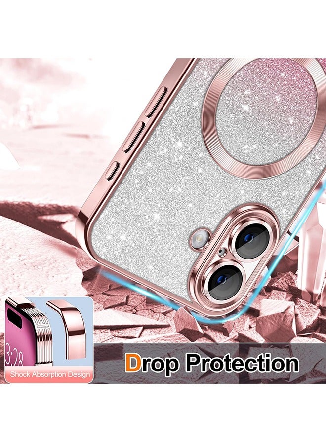 for iPhone 16 Case Clear Magnetic Glitter Phone Cases Compatible with MagSafe Full Camera Lens Protector Slim Gradient Sparkle Luxury Plating Shockproof Protective Cover Women Girls, Pink  - Image 4