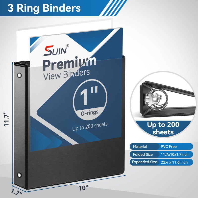 SUIN 1-inch 3 Ring Binder with 2 Interior Pockets, 1''Durable Binders Holds US Letter Size 8.5'' x 11'' Paper - Versatile Binders for Office, Home, and School Use, 6 Pack Black - Image 2