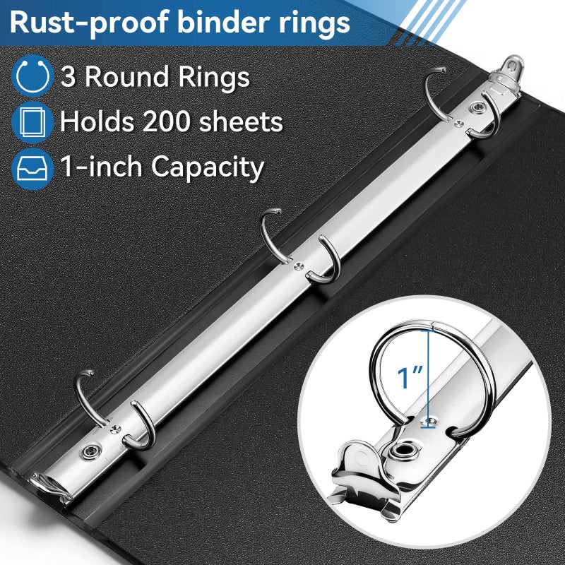 SUIN 1-inch 3 Ring Binder with 2 Interior Pockets, 1''Durable Binders Holds US Letter Size 8.5'' x 11'' Paper - Versatile Binders for Office, Home, and School Use, 6 Pack Black - Image 3