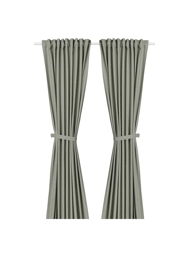Zaboon Curtains with tie-backs, 1 pair, with heading tape/light grey-green, 140x300 cm - Image 1