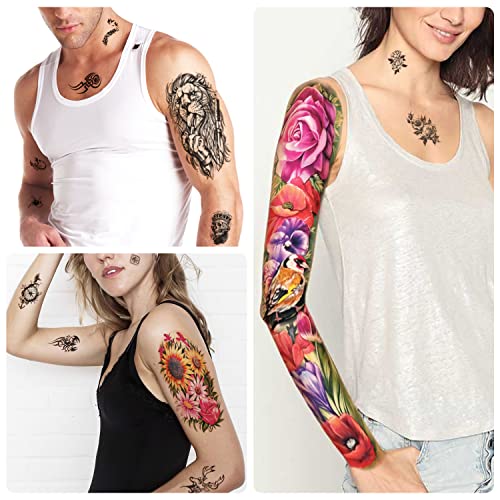 atydkug 55 Sheets Temporary Tattoo for Men and Women, 8 Full Arm Fake Tattoos, 17 Half Arm Fake Skull Flower Tattoos, 30 Tiny for Adults Kids Body Shoulder Tattoos Stickers Waterproof Realistic Long-Lasting - Image 3