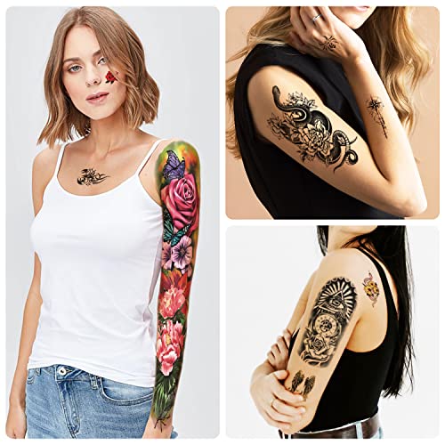 atydkug 55 Sheets Temporary Tattoo for Men and Women, 8 Full Arm Fake Tattoos, 17 Half Arm Fake Skull Flower Tattoos, 30 Tiny for Adults Kids Body Shoulder Tattoos Stickers Waterproof Realistic Long-Lasting - Image 5