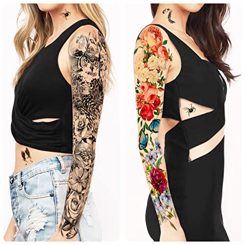 atydkug 55 Sheets Temporary Tattoo for Men and Women, 8 Full Arm Fake Tattoos, 17 Half Arm Fake Skull Flower Tattoos, 30 Tiny for Adults Kids Body Shoulder Tattoos Stickers Waterproof Realistic Long-Lasting - Image 4