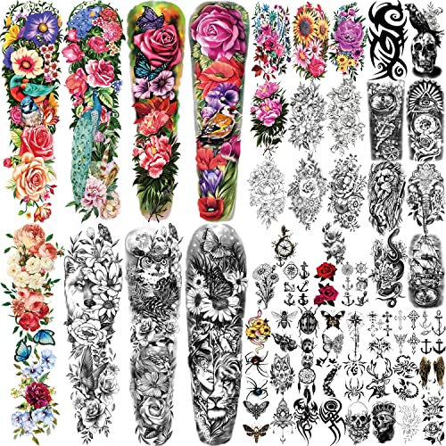 atydkug 55 Sheets Temporary Tattoo for Men and Women, 8 Full Arm Fake Tattoos, 17 Half Arm Fake Skull Flower Tattoos, 30 Tiny for Adults Kids Body Shoulder Tattoos Stickers Waterproof Realistic Long-Lasting - Image 1