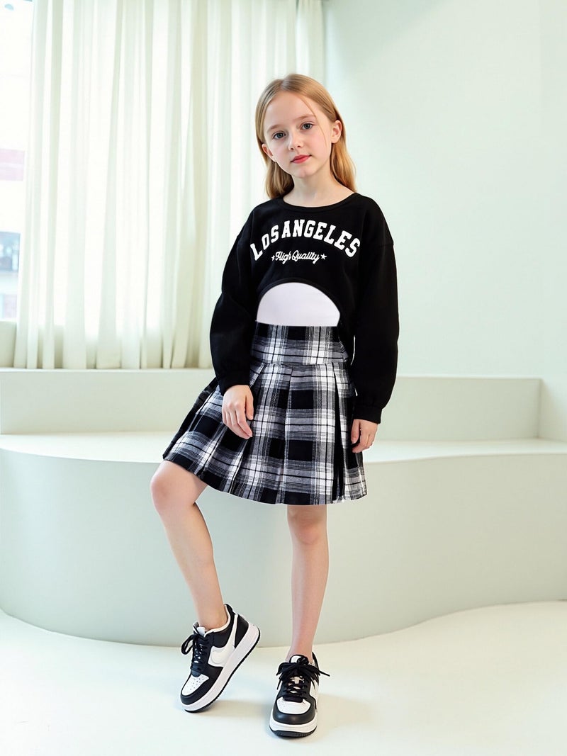 Yhnslsf Girls Outfits 3 Piece Clothing Set Size 10-12 Black Girls Tank Tops Plaid Mini Skirt Long Sleeve Letter Print Crop Sweatshirt Teen Clothes Size 11 for Girl Fall Winter Plaid Skirts Suit - Image 2
