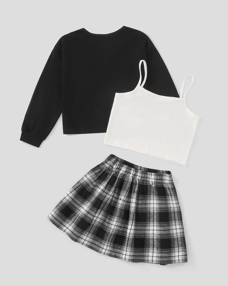 Yhnslsf Girls Outfits 3 Piece Clothing Set Size 10-12 Black Girls Tank Tops Plaid Mini Skirt Long Sleeve Letter Print Crop Sweatshirt Teen Clothes Size 11 for Girl Fall Winter Plaid Skirts Suit - Image 3